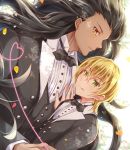  2boys berserker black_hair blonde_hair bow bowtie dark_skin dark_skinned_male earrings fate/grand_order fate_(series) formal green_eyes jason_(fate/grand_order) jewelry long_hair messy_hair multiple_boys short_hair smile suit wataame106 yellow_eyes 