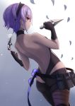  1girl ass black_gloves black_hairband black_leotard dark_skin fate/grand_order fate/prototype fate/prototype:_fragments_of_blue_and_silver fate_(series) fingerless_gloves from_behind gloves hairband hassan_of_serenity_(fate) highres holding holding_knife knife kunai leggings leotard plan_(planhaplalan) purple_eyes purple_hair short_hair solo weapon 