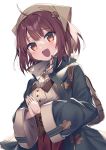  1girl :d ahoge atelier_(series) atelier_sophie backpack bag bangs blue_coat breasts brown_eyes brown_hair coat commentary_request eyebrows_visible_through_hair hands_together head_scarf highres long_sleeves looking_at_viewer medium_breasts open_clothes open_coat open_mouth own_hands_together palms_together pleated_skirt red_skirt shirt simple_background skirt smile solo sophie_neuenmuller wagashi928 white_background white_shirt wide_sleeves 