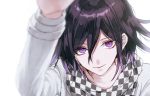  1boy bangs black_hair blurry blurry_foreground checkered checkered_scarf closed_mouth collarbone commentary_request danganronpa depth_of_field eyebrows face hair_between_eyes highres jacket long_sleeves looking_at_viewer male_focus new_danganronpa_v3 ouma_kokichi purple_eyes purple_hair sakuyu scarf simple_background smile solo straitjacket upper_body white_background white_jacket 