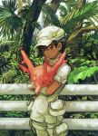  1girl aether_foundation_employee bangs black_hair brown_eyes closed_mouth commentary_request corsola dark_skin eyelashes fence foliage gen_2_pokemon gloves hat highres holding holding_pokemon looking_to_the_side minahamu palm_tree pokemon pokemon_(creature) pokemon_(game) pokemon_sm short_hair short_sleeves tree white_gloves white_headwear 