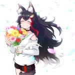  1girl animal_ears ashiga_oreta bangs black_hair black_shorts blush bouquet closed_eyes collar commentary_request eyebrows_visible_through_hair facing_viewer flower grin hair_between_eyes hair_ornament hairclip highres holding holding_bouquet hololive long_hair long_sleeves multicolored_hair ookami_mio petals red_hair shirt short_shorts shorts sidelocks simple_background smile solo tail two-tone_hair virtual_youtuber white_background white_shirt wolf_ears wolf_girl wolf_tail 