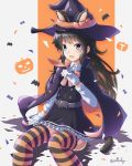  1girl absurdres animal_ears arthur_ko asashio_(kantai_collection) black_cape black_hair blue_eyes cape cat_ears cat_tail dress gloves halloween_costume hat highres huge_filesize kantai_collection long_hair long_sleeves multicolored multicolored_cape multicolored_clothes orange_cape pinafore_dress remodel_(kantai_collection) shirt sitting solo striped striped_legwear tail thighhighs two-sided_cape two-sided_fabric white_gloves white_shirt witch_costume witch_hat 