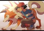  1boy ash_ketchum backwards_hat baseball_cap black_hair blue_footwear blush brown_eyes capri_pants closed_mouth commentary_request cyaneko gen_7_pokemon hat lycanroc lycanroc_(midday) pants pokemon pokemon_(anime) pokemon_sm_(anime) shirt shoes short_sleeves smile squatting striped striped_shirt t-shirt z-ring 