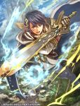  1boy alfonse_(fire_emblem) armor bangs blonde_hair blue_eyes blue_hair cape castle fire fire_emblem fire_emblem_cipher fire_emblem_heroes greaves hair_ornament holding holding_sword holding_weapon multicolored_hair nijihayashi official_art open_mouth skyline sword weapon white_cape 