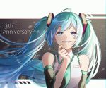  1girl anniversary bare_shoulders black_sleeves blue_eyes blue_hair blue_neckwear commentary detached_sleeves finger_to_chin grin hair_ornament hatsune_miku highres looking_at_viewer nanairo_sei necktie shirt sleeveless sleeveless_shirt smile solo twintails upper_body vocaloid white_shirt 