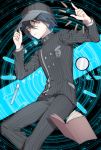  1boy bad_anatomy bangs baseball_cap black_hair black_headwear black_jacket black_pants book brown_eyes bullet danganronpa double-breasted floating floating_object hair_between_breasts hair_between_eyes hands_up hat jacket layered_sleeves long_sleeves looking_at_viewer magnifying_glass male_focus new_danganronpa_v3 open_book pants parted_lips saihara_shuuichi short_hair solo striped striped_jacket striped_pants teeth zuizi 