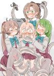  4girls ahoge akigumo_(kantai_collection) blush brown_hair censored commentary_request cum cum_in_mouth enemy_naval_mine_(kantai_collection) enjaku_izuku glasses green_hair hand_on_another&#039;s_face hand_on_another&#039;s_leg highres kantai_collection kazagumo_(kantai_collection) long_hair makigumo_(kantai_collection) multiple_girls oral pink_hair ponytail rape restrained smile sweat tentacle_sex tentacles vaginal wide-eyed yuugumo_(kantai_collection) 