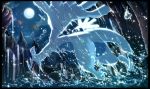  articuno cloud commentary_request gen_1_pokemon gen_2_pokemon highres karamimame legendary_pokemon lugia moltres moon night no_humans open_mouth outdoors pokemon pokemon_(creature) red_eyes sky splashing tongue water waterfall wet zapdos 