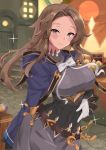  1girl absurdres bangs belt blue_eyes blush breasts brown_hair cloak closed_mouth florence_(granblue_fantasy) forehead granblue_fantasy highres hood hooded_cloak huge_filesize large_breasts long_hair looking_at_viewer parted_bangs pm_tii_(matuko1024) smile sparkle 
