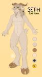  absurd_res anthro bovid caprine crystalwhisker ear_piercing english_text fur goat hair hi_res hooves horn male mammal model_sheet monster piercing tan_body tan_fur tan_hair text yellow_eyes 