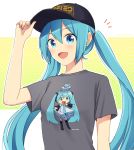  /\/\/\ 1girl aqua_eyes aqua_hair aqua_nails aqua_neckwear artist_self-reference bare_shoulders baseball_cap black_legwear black_sleeves character_print chibi commentary detached_sleeves grey_shirt hair_ornament hairband hat hatsune_miku headphones long_hair looking_at_viewer nail_polish necktie nokuhashi open_mouth outstretched_arms shirt short_sleeves smile solo t-pose t-shirt thighhighs tsuutenkaku twintails twitter_username upper_body very_long_hair vocaloid 