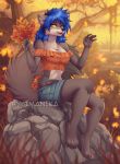  2020 4_toes 5_fingers anthro black_nose blue_hair breasts canid canine canis clothed clothing day detailed_background digital_media_(artwork) eyebrows eyelashes female fingers forest grass hair imanika mammal open_mouth orange_eyes outside smile teeth toes tongue tree wolf 