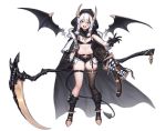  1girl belt black_gloves black_legwear boots braid cain_(gunnermul) cape full_body gloves hair_between_eyes hair_ornament highres holding holding_weapon hood hooded_cape horns long_hair navel original scythe shorts simple_background skindentation solo tail thighhighs weapon white_background white_hair wings yellow_eyes 