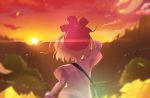  1girl bag beanie blonde_hair cloud commentary_request floating_hair from_behind hat outdoors pokemon pokemon_(game) pokemon_sm red_headwear rupinesu selene_(pokemon) shirt short_sleeves shoulder_bag sky solo sunset upper_body 