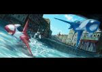  bridge building canal cloud commentary_request day gen_3_pokemon latias latios legendary_pokemon no-goku_(penicillium) no_humans number outdoors pokemon pokemon_(creature) red_eyes sky splashing water watermark yellow_eyes 