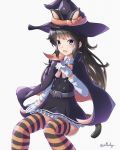  1girl absurdres animal_ears arthur_ko asashio_(kantai_collection) black_cape black_hair blue_eyes cape cat_ears cat_tail dress gloves halloween_costume hat highres huge_filesize kantai_collection long_hair long_sleeves multicolored multicolored_cape multicolored_clothes orange_cape pinafore_dress remodel_(kantai_collection) shirt sitting solo striped striped_legwear tail thighhighs two-sided_cape two-sided_fabric white_gloves white_shirt witch_costume witch_hat 