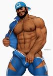  1boy abs archie_(pokemon) bandana bara bare_chest beard black_hair blue_bodysuit bodysuit bulge chest chest_hair cowboy_shot cum cum_in_clothes cum_through_clothes dark_skin dark_skinned_male erection erection_under_clothes facial_hair hairy highres male_focus male_pubic_hair marcus_(rnarccus) muscle navel navel_hair nipples open_bodysuit penis_peek pokemon pokemon_(game) pokemon_rse pubic_hair realistic short_hair solo thick_thighs thighs torn_bodysuit torn_clothes undressing white_background 