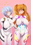  2girls ayanami_rei blue_hair blush bodysuit breasts closed_eyes cowboy_shot evangelion:_3.0+1.0_thrice_upon_a_time eyepatch hairpods heart interface_headset kawaraya_a-ta large_breasts long_hair multiple_girls neon_genesis_evangelion orange_hair pink_background plugsuit rebuild_of_evangelion shikinami_asuka_langley short_hair souryuu_asuka_langley standing two_side_up white_bodysuit 