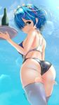  1girl ass bangs blue_eyes blue_hair blurry blush bokeh bottle bow closed_mouth competition_swimsuit cowboy_shot depth_of_field frilled_neckwear from_below frown garter-velvet hair_bow hair_ornament hair_over_one_eye highres holding one-piece_swimsuit re:zero_kara_hajimeru_isekai_seikatsu rem_(re:zero) skindentation sky solo swimsuit thighhighs tray x_hair_ornament 