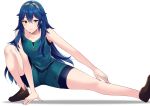  1girl ameno_(a_meno0) bare_arms bare_legs blue_eyes blue_hair fire_emblem fire_emblem_awakening long_hair looking_at_viewer lucina_(fire_emblem) simple_background smile solo solo_focus stretch stretched_limb symbol-shaped_pupils tiara white_background 