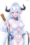  1girl bare_shoulders blue_flower blush breasts clothing_cutout collarbone corset draph drawstring flower food food_request granblue_fantasy hair_between_eyes hair_flower hair_ornament highres holding horns izmir kebab large_breasts light_blue_hair long_hair looking_at_viewer mole mole_under_mouth navel open_mouth pointy_ears red_eyes simple_background smile snowflake_hair_ornament solo swimsuit tian_nya twitter_username underboob_cutout very_long_hair white_background white_flower 