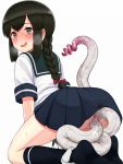  1girl 1other anal ass black_hair black_legwear blue_skirt blush braid breath brown_eyes commentary_request consensual_tentacles double_penetration enemy_naval_mine_(kantai_collection) feet heart heart-shaped_pupils heavy_breathing highres isonami_(kantai_collection) kantai_collection kneehighs kneeling leaning_forward lifted_by_another long_hair low_twintails no_shoes open_mouth panties panties_around_one_leg presenting pussy sex shirt short_sleeves simple_background skirt skirt_lift smile soles symbol-shaped_pupils tentacles thighs tsusshi twin_braids twintails underwear vaginal white_background white_panties white_shirt 