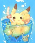  commentary_request drinking_straw foam food fruit gen_1_pokemon glass highres holding_drinking_straw liquid looking_at_viewer no_humans one_eye_closed open_mouth orange orange_slice partially_submerged paws pikachu pokemon pokemon_(creature) red_ribbon ribbon star_(symbol) submerged ushiina 