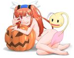  1girl aki_shun closed_mouth dewprism long_hair looking_at_viewer mint_(dewprism) nude orange_hair pumpkin simple_background smile twintails v white_background 