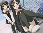  2girls absurdres ahoge bent_over black_eyes black_hair brown_eyes brown_hair buttons hands_on_own_knees highres katsura_kotonoha long_hair long_sleeves looking_at_viewer multiple_girls official_art open_mouth pale_skin red_ribbon ribbon saionji_sekai scan school_days school_uniform short_hair sitting uniform 