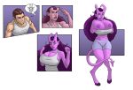  2019 absurd_res big_breasts breast_growth breasts brown_hair castledolphyn clothing demon demon_humanoid expansion female gender_transformation growth hair hi_res hooves horn horn_growth human human_to_humanoid humanoid lip_expansion lips looking_at_viewer male mammal mtf_transformation navel nipples not_furry purple_body purple_hair sequence shirt smile spade_tail species_transformation standing surprise tail_growth tank_top thick_lips topwear transformation 