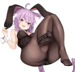  :d ahoge animal_ears bare_shoulders bunny_ears cat_ears cat_girl cat_tail eyebrows_visible_through_hair feet highres hololive karatakewari nekomata_okayu open_mouth pantyhose playboy_bunny purple_hair short_hair simple_background smile tail virtual_youtuber white_background wrist_cuffs 