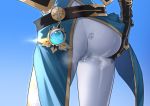  1girl ass ass_grab belt black_gloves blue_background coattails ett from_behind gauntlets genshin_impact gloves gradient gradient_background jean_gunnhildr multicolored_capelet pants pantylines pussy_juice revision steam tight tight_pants vision_(genshin_impact) white_pants 