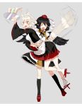  &gt;:) 2girls :d alternate_costume animal_ear_fluff animal_ears apron arm_garter arm_strap bangs bird_wings black_hair black_legwear black_neckwear black_ribbon black_shirt black_skirt black_wings blush bow chieezuik closed_eyes collared_shirt commentary_request cup doyagao enmaided feathered_wings frilled_apron frilled_skirt frills full_body glass grey_background grey_hair hat headdress holding holding_another holding_tray hug inubashiri_momiji kneehighs long_sleeves maid maid_headdress motion_lines multiple_girls neck_ribbon open_mouth pleated_skirt pointy_ears pom_pom_(clothes) red_eyes red_footwear red_headwear red_skirt ribbon sash shameimaru_aya shirt short_hair sidelocks silver_hair simple_background skirt smile smug spilling surprised tail tail_grab tokin_hat touhou tray tripping two-tone_skirt white_apron white_bow white_legwear white_sash white_shirt wide-eyed wide_sleeves wing_collar wings wolf_ears wolf_tail 