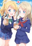  2girls ayase_arisa ayase_eli blazer blonde_hair blue_eyes blue_jacket blue_sailor_collar blue_serafuku blue_shirt blue_skirt bow bowtie bubble_tea collared_shirt commentary_request cup disposable_cup dress_shirt drinking_straw green_neckwear hair_ornament hair_scrunchie heart holding holding_cup jacket kitahara_tomoe_(kitahara_koubou) light_blush long_hair long_sleeves love_live! love_live!_school_idol_project multiple_girls neckerchief open_mouth otonokizaka_school_uniform plaid plaid_skirt pleated_skirt ponytail red_neckwear sailor_collar school_uniform scrunchie serafuku shirt siblings sisters skirt smile speech_bubble spoken_heart twitter_username white_scrunchie white_shirt winter_uniform 