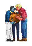  3boys alternate_costume bara black_eyes black_hair blonde_hair blue_oni blue_oni_(chijimetaro) blue_skin blush cheek_kiss chijimetaro denim full_body glasses hands_clasped height_difference holding_another&#039;s_arm holding_hands horns jeans kiss large_hands looking_at_viewer lucky_student_(chijimetaro) male_focus multiple_boys muscle oni oni_horns original own_hands_together pants pointy_ears red_oni red_oni_(chijimetaro) red_skin shoes short_hair younger 