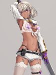  1girl absurdres arm_behind_head arm_up armpits bangs belt belt_pouch black_belt blunt_bangs bra breasts cleavage commentary_request cowboy_shot dark_skin grey_background grey_hair hair_ornament hairclip highleg highleg_panties highres holding holding_sword holding_weapon leather_belt long_sleeves mechanical_arm medium_breasts medium_hair micro_bra midriff navel original panties pouch purple_bra purple_eyes see-through short_shorts shorts shrug_(clothing) simple_background skindentation solo stomach sword takekawa_shin thigh_strap thighhighs underwear weapon white_legwear white_shorts 