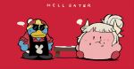  ... :t :| apron black_apron closed_mouth fat food food_on_face fusion halftone hands_on_hips helltaker helltaker_(character) highres horns king_dedede kirby kirby_(series) lucifer_(helltaker) mole mole_under_eye parody rariatto_(ganguri) red_background red_eyes red_footwear shoes simple_background spoken_ellipsis sunglasses table title_parody white_hair 