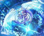  1girl artist_name blue_eyes bow bubble fate/grand_order fate_(series) feathers glowing glowing_weapon hair_bow highres long_hair meltryllis nekobayashi purple_hair smile twitter_username very_long_hair weapon wings 
