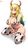  1girl animal_costume animal_ears animal_print arm_under_breasts artist_name bare_shoulders bell bikini blood blue_hair blush breasts closed_mouth collar cow_bell cow_costume cow_ears cow_print dragon_girl dragon_horns elbow_gloves fake_animal_ears fingerless_gloves gloves gradient_hair green_eyes green_hair highres horns huge_breasts jewelry jmg kobayashi-san_chi_no_maidragon long_hair looking_at_viewer multicolored_hair navel one_eye_closed quetzalcoatl_(maidragon) ring smile solo squatting swimsuit thighhighs toes white_background yellow_pupils 
