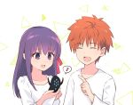  1boy 1girl bangs blush emiya_shirou eyebrows_visible_through_hair fate/stay_night fate_(series) hair_ribbon heaven&#039;s_feel long_hair long_sleeves matou_sakura orange_hair purple_eyes purple_hair red_ribbon ribbon shirt short_hair smile toy-black white_shirt 