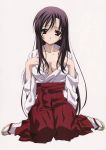  1girl absurdres black_hair blush brown_eyes hair_down highres japanese_clothes katsura_kotonoha kneeling long_hair looking_at_viewer miko official_art open_clothes scan school_days sitting smile solo straight_hair traditional_clothes wariza 