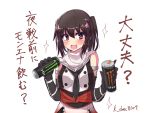  1girl bangs black_gloves black_neckwear brown_eyes brown_hair can double-breasted elbow_gloves energy_drink fang gloves hair_ornament holding holding_can kantai_collection kihou_no_gotoku_dmc looking_at_viewer monster_energy neckerchief open_mouth remodel_(kantai_collection) sailor_collar scarf sendai_(kantai_collection) simple_background skin_fang smile solo translation_request two_side_up white_background white_scarf 