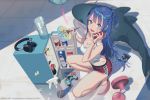  1girl :d blu-ray_cover blue_eyes blurry blurry_foreground blush bottle braid breasts can cleavage coca-cola controller copyright_request cover depth_of_field dolphin_shorts dualshock electric_fan fan fingernails french_braid from_side game_controller gamepad gradient_hair hair_ornament headphones headphones_removed highres holding holding_fan hot ice ice_cube ikea_shark long_hair looking_at_viewer medium_breasts milk_carton multicolored_hair nail_polish open_mouth paper_fan pepsi pink_nails pitcher playstation_controller ponytail purple_hair red_pupils refrigerator round_teeth shirt shorts smile soda_can solo spray_bottle squatting stuffed_animal stuffed_shark stuffed_toy sweat teeth tied_shirt toenail_polish toenails vofan white_shirt wind_chime 