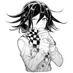  1boy bangs checkered checkered_neckwear checkered_scarf danganronpa eating food food_on_face food_request greyscale hair_between_eyes highres holding holding_food long_sleeves looking_at_viewer male_focus monochrome nanin new_danganronpa_v3 one_eye_closed ouma_kokichi scarf short_hair solo upper_body 