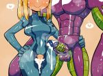  1boy 1girl after_vaginal arm_around_waist blonde_hair blue_bodysuit blush bodysuit breasts closed_mouth cowboy_shot cum cum_on_penis cumdrip hand_on_hip head_out_of_frame heart height_difference large_breasts metroid mole mole_under_mouth penis pussy rariatto_(ganguri) samus_aran simple_background smile space_pirate_(metroid) spoken_heart sweat sweating_profusely veins veiny_penis yellow_background 
