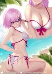  1girl ass back bangs bare_shoulders bikini blush breasts cleavage collarbone fate/grand_order fate_(series) glasses hair_over_one_eye helloimtea highres large_breasts light_purple_hair looking_at_viewer looking_back mash_kyrielight purple_eyes short_hair swimsuit swimsuit_of_perpetual_summer thighs white_bikini 