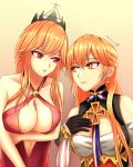  2girls :t alternate_costume artist_name azur_lane bayern_yamato black_gloves blonde_hair braid breasts cleavage cosplay costume_switch creator_connection dress earrings eye_contact eyebrows_visible_through_hair french_braid girls_frontline gloves jewelry large_breasts look-alike looking_at_another multiple_girls ots-14_(girls_frontline) ots-14_(girls_frontline)_(cosplay) pout red_dress red_eyes richelieu_(azur_lane) richelieu_(azur_lane)_(cosplay) upper_body yellow_eyes 