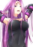  1girl absurdres armpits black_sleeves breasts collar collarbone covered_navel detached_sleeves facial_mark fate/stay_night fate_(series) hair_intakes highres holding holding_hair ichi_yoshida long_hair long_sleeves medium_breasts open_mouth purple_collar purple_eyes purple_hair rider shiny shiny_hair simple_background solo straight_hair strapless upper_body very_long_hair white_background 