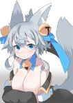  1girl :&lt; animal_ears bell blue_eyes blue_ribbon blush breasts cleavage closed_mouth covering_nipples detached_sleeves fox_ears fox_tail gradient gradient_background grey_background grey_hair hair_bell hair_between_eyes hair_ornament hair_ribbon highres inukaze_yamu jingle_bell large_breasts long_sleeves looking_at_viewer medium_hair original ribbon shishimanako_hareko solo standing tail tears 